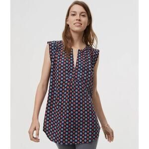 Loft Navy Mosaic Floral Split Neck Sleeveless Blouse Navy Orange Medium